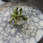 プレゼンテ スギ - ニワトコのフリットと烏賊の塩辛（山の風味）