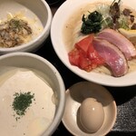 鴨出汁中華蕎麦 麺屋yoshiki - 鴨とトリュフの冷やしクリーミー和えつけ蕎麦+浅利リゾット+味玉