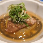 日本料理 柳燕 - カマトロの葱鮪の餡掛け 下に賀茂茄子