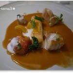 ランベリー ナオト キシモト - 甲殻類のムースリーヌ　アンコウのポワレと帆立と海老
      ソースアメリケーヌ　ローズマリーの香り