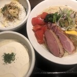 鴨出汁中華蕎麦 麺屋yoshiki - 鴨とトリュフの冷やしクリーミー和えつけ蕎麦 + 浅利リゾット