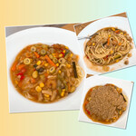 飛行船スタイル 南條 - 12種類の野菜と海老のパスタ 生姜風味の肉ソース添え