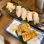 山陰漁酒場 丸善水産 - のどぐろ寿司（炙りと生２貫ずつ）と煮穴子棒寿司