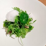 sio - ホタテアスパラガス自家製ビーフジャーキー根セロリクラムチャウダー泡キウイサラダ仕立て。混ぜていただくとまさに5味＋1 の美味しさなのだな〜を実感!! sioらしさが表れていて美味しかった一皿