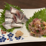 金町製麺 - 入梅イワシの刺身とアジのなめろう