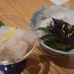 炙庵 とやま鮨 - 白エビ刺身とホタルイカ黒作り