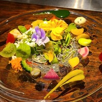 中土 - ②マイクロベビーリーフ&旬の40種の野菜のサラダ、5種ソース添え
                    これも鮮やかでワクワクする一皿、ソースも多彩で映えますね