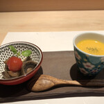 焼鳥 朱夏 - お通し　とうもろこしの冷たいスープ