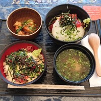 浅草むぎとろ 本店 - 手前 左が とろろご飯 小。 奥 右が とろろうどん。奥左が 豚角煮。