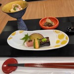 浅香荘 - 前菜。玉子豆富、炙り穴子、海老真女、帆立生ハム巻き、茄子田楽など