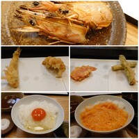 喜太八 - 上天ぷら定食4,400円(たまごかけご飯と漬物、赤出汁付き)✨写真は鱚、穴子、紅生姜、グリーンアスパラ※海鮮と野菜は仕入れによって変わるそうです。