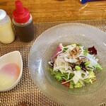 連根屋 - 新玉ねぎと豆腐のグリーンサラダ  温泉たまご添え