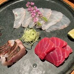 丿貫 - 丿貫(お造り三点盛※本鮪、鱸昆布〆、いさき焼霜造り)