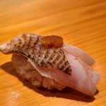 鮨 さかい - ㉓炙り赤鯥(長崎県対馬列島産、紅瞳、雌)
      産卵期は初夏～初秋、旬は晩秋～晩冬
      雌なので雄より脂のりはサッパリとして身も軟らかめでお鮨に向いている気がします。
      軽く炙って脂の旨みを引き出してあります。