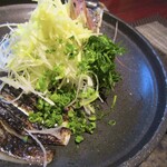 Loads of condiments! ! Grilled mackerel