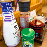 うなぎ お㚙川 - 緑の山椒　赤の山椒　奥の白いタレ