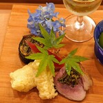 日本料理 櫻川 - 鰻の八幡巻き、トウモロコシの天ぷら、鴨ロース 花山椒煮のせ