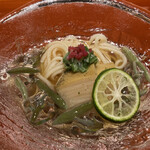 澤いち - 蒸しアワビと冷麦（蓴菜と叩きオクラ）振り柚子