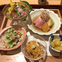 たきや - アオリイカじゅんさい、鴨鴨茄子、最後の銀杏、湯葉赤ウニ、車海老いちじく白ズイキ