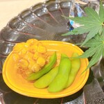 蕎麦割烹  倉田 - とうもろこしのかき揚げ、三浦半島産 枝豆