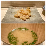 たかおか - ガリのお皿が時計の絵柄です♪
      
      お味噌汁にはその日の魚の出汁を使っていますが、臭みもなく旨味があります。
      どこかほっこりとするのですよねこの味わいに。