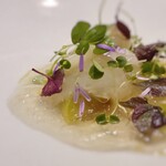 アマラントス - 加茂茄子やコールラビのピクルスが潜み、赤紫蘇のスプラウトなどで飾り付けされています。