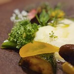 アマラントス - 真ん中にフヌイユのムースと新芽。自家製のカラスミもあります。スイスのチーズも添えられアクセントに。