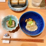 Toukyou Nigiri Meshi Mai Sen - 前菜2品。野菜の炊き合わせのカボチャのかたさが絶妙