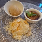 ヴィーテ - デザート3種(ミッレフォッリエ、茄子の赤ワインコンポート、ミントティーのソルベット)　2022.7