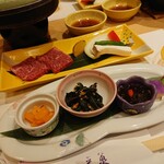 松の家 花泉 - 先付三種＆和牛サーロイン　陶板焼き