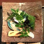 銀座 水野 - お昼の会席コース 3700円 の八寸：大地の恵み5種封じ込め