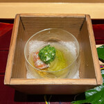 銀座 しのはら - 先付　鴨茄子の油煮　車海老　雲丹　長芋　オクラ