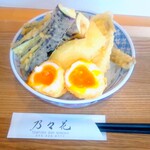 天ぷら 乃々花 - 室伏天丼』(キス￥160、いか￥120、半熟たまご￥120、 　なす￥90、しいたけ￥90、ごぼう￥90)たれかけ御飯￥200　合計￥780