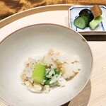 温石 - アスパラと鱧のご飯、お新香