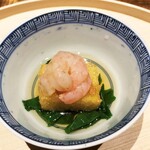 温石 - 赤海老、じゃがいもの揚げ出し、モロヘイヤ