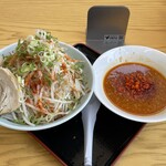 ラーメン もっけだの - 2022.7.1～夏季限定『旨辛つけ麺 炎山ニンニクヤサイマシマシ+味玉(スクラッチクーポン)』