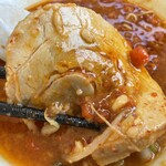 ラーメン もっけだの - 『旨辛つけ麺 炎山ニンニクヤサイマシマシ+味玉(スクラッチクーポン)』の豚×つけ汁