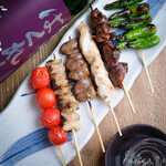 Assortment of 5 types Yakitori (grilled chicken skewers)
