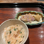 割烹 隆 - お昼のコース９６８０円。トマトの炊き込みご飯、三元豚味噌漬け。豚肉にも正直ガッカリしました。。が、びっくりするほど美味しくいただきました（╹◡╹）（╹◡╹）