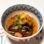 霞月楼 - 2022.7 賀茂茄子煎り出汁 穴子 薬味 すり柚子