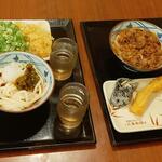 Marugame Seimen - 青唐おろしぶっかけ と 焼きたて肉うどん、高菜むすび、いか天 (2022.07.09)