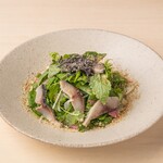 Crunchy mackerel and raw yuba salad