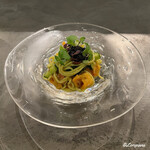 カーサ・デル・チーボ - 海鞘とキャビアと赤紫蘇とアオサを練り込んだ冷製タリオリーニ