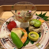 お料理 七草 - ｽﾞﾜｲｶﾞﾆ蟹味噌和え､ﾌﾙｰﾂﾄﾏﾄ蜜煮､ｽﾅｯﾌﾟ豌豆の胡麻酢味噌､海老旨煮､ｽﾞﾜｲｶﾞﾆと湯葉の砧巻､煮あわび入りｸﾘｰﾑﾁｰｽﾞ団子､蚕豆