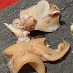 成生 - ジンドウイカです。上が軽い炙り。下が藤枝の酒蔵、杉錦漬け