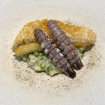 馳走西健一 - ・甘鯛鱗焼き、シャコ、玄米と浜名湖産 青海苔を使ったリゾット、新茶塩