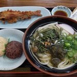 丸忠 - 山菜うどん定食 ニジマス唐揚げとおはぎ