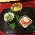 銀座 しのはら - 帆立貝、枝豆の餡、白瓜、イチジク胡麻だれ