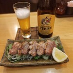 Sobakiri Okina - エビス中瓶、合鴨汐焼き