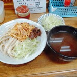 ふもとや - 料理写真:つけうどん+肉+天ぷら+キャベツ